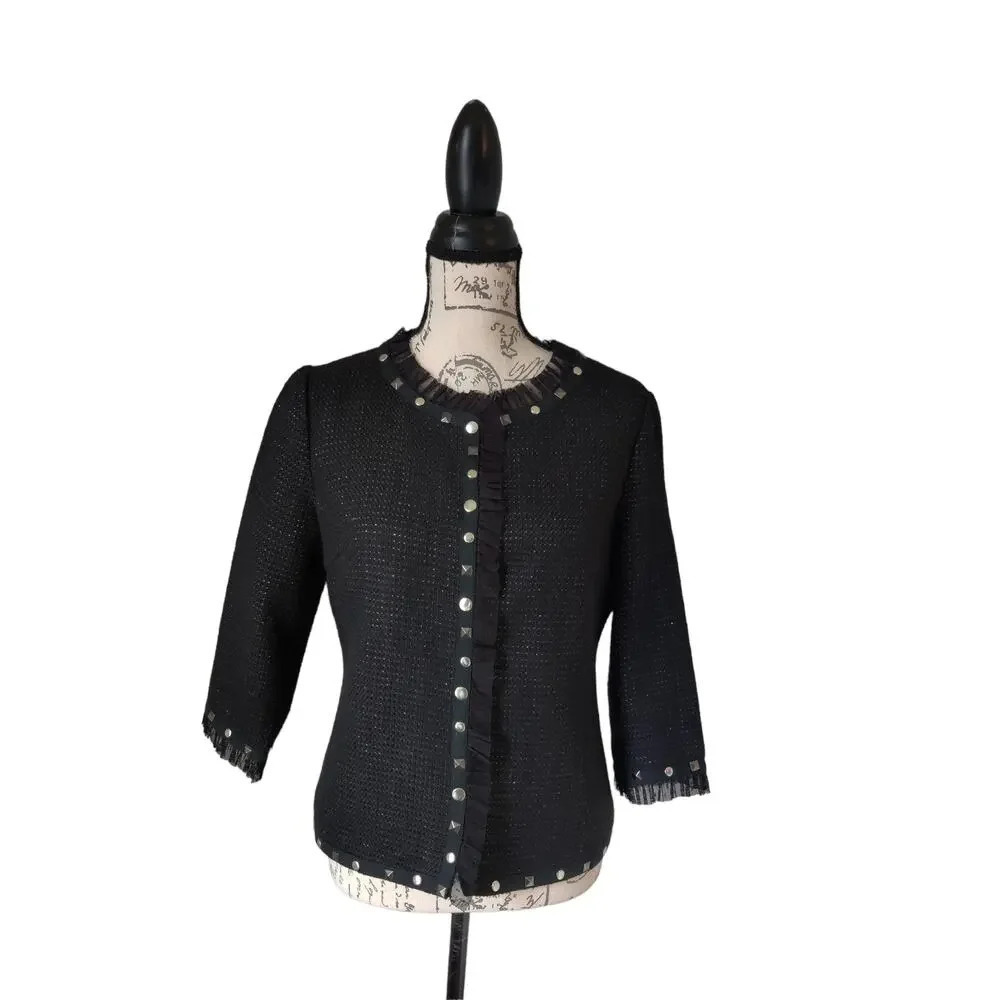 Black Tweed Jacket Blazer Studded Lace Details 3/4 Sleeve Metallic Sz M Petite